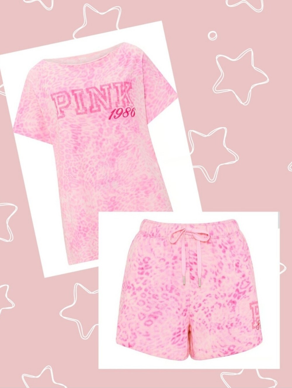 VS PINK Campus Cotton Pink Leopard Fleece Shorts & Tee Size Medium NWT!♡